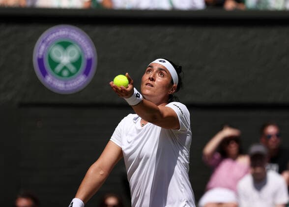 9th July 2022, All England Lawn Tennis and Croquet Club, London, England; Wimbledon Tennis tournament, womens singles final; Ons Jabeur (TUN) serves to Elena Rybakina (KAZ)  ActionPlus12406626 JohnxPatrickxFletcher