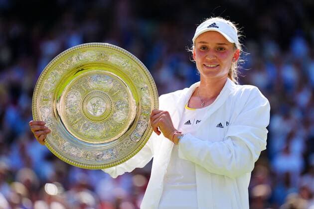 Mandatory Credit: Photo by Javier Garcia Shutterstock (13018057ci) Elena Rybakina holds aloft the Rosewater Dish after victory in Ladies Singles Final Wimbledon Tennis Championships, Day 13, The All England Lawn Tennis and Croquet Club, London, UK - 09 Jul 2022 Wimbledon Tennis Championships, Day 13, The All England Lawn Tennis and Croquet Club, London, UK - 09 Jul 2022  Copyright: xJavierxGarcia Shutterstockx 13018057ci