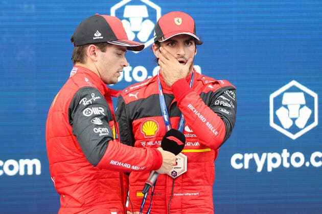 FORMULA 1 - GP of Austria 2022 SPIELBERG,AUSTRIA,09.JUL.22 - MOTORSPORTS, FORMULA 1 - Grand Prix of Austria, Red Bull Ring, sprint race. Image shows Charles Leclerc (MON Ferrari) and Carlos Sainz (ESP Ferrari).  GEPAxpictures xChristianxWalgram