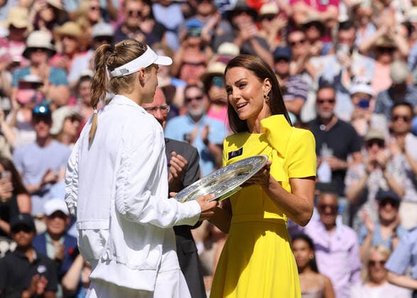 9th July 2022, All England Lawn Tennis and Croquet Club, London, England; Wimbledon Tennis tournament, womens singles final; Kate Middleton, Duchess of Cambridge presents Elena Rybakina (KAZ) with the Wimbledon Ladies Trophy  ActionPlus12406698 JohnxPatrickxFletcher