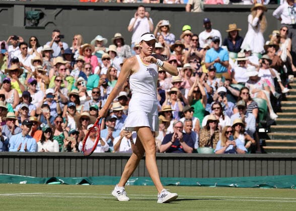 9th July 2022, All England Lawn Tennis and Croquet Club, London, England; Wimbledon Tennis tournament, womens singles final; Elena Rybakina (KAZ) celebrates match point after defeating Ons Jabeur (TUN) by two sets  ActionPlus12406705 JohnxPatrickxFletcher