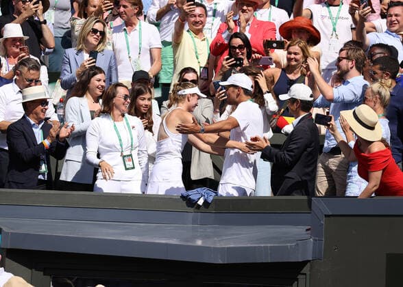 9th July 2022, All England Lawn Tennis and Croquet Club, London, England; Wimbledon Tennis tournament, womens singles final; Elena Rybakina (KAZ) hugging her coaches and family in the stands after defeating Ons Jabeur (TUN) by two sets  ActionPlus12406706 JohnxPatrickxFletcher