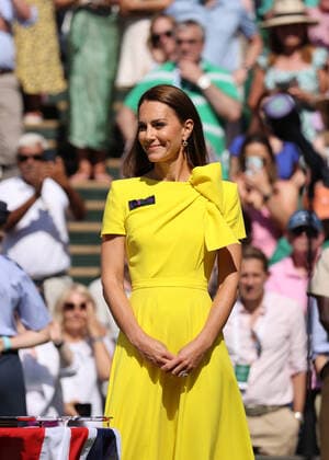 9th July 2022, All England Lawn Tennis and Croquet Club, London, England; Wimbledon Tennis tournament, womens singles final; Kate Middleton, Duchess of Cambridge on Centre Court to present Elena Rybakina (KAZ) with the Wimbledon Ladies Trophy and Ons Jabeur (TUN) with the runners up plate  ActionPlus12406711 JohnxPatrickxFletcher