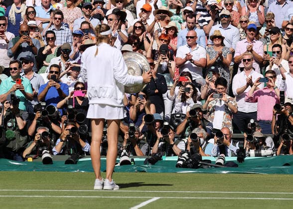 9th July 2022, All England Lawn Tennis and Croquet Club, London, England; Wimbledon Tennis tournament, womens singles final; Photographers photographing Elena Rybakina (KAZ) posing with the Wimbledon Ladies Trophy  ActionPlus12406723 JohnxPatrickxFletcher