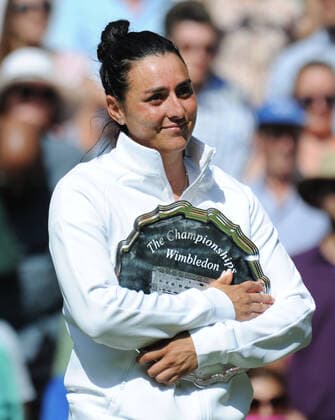 Tennis Championships - Week Two - Day Thirteen - All England Lawn Tennis Club, Wimbledon - Saturday 9th July 2022 Ladies Singles Final. Elena Rybakina (KAZ) v Ons Jabeur (TUN) Ons Jabeur (TUN) clutches her runners up plate 