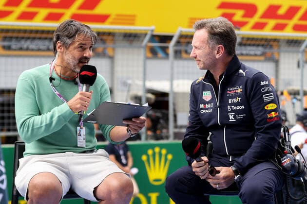FORMULA 1 - GP of Austria 2022 SPIELBERG,AUSTRIA,09.JUL.22 - MOTORSPORTS, FORMULA 1 - Grand Prix of Austria, Red Bull Ring, sprint race. Image shows host Stefan Steinacher and team principal Christian Horner (Red Bull Racing).  GEPAxpictures xChristianxWalgram