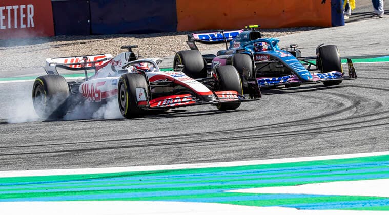FORMULA 1 - GP of Austria 2022 SPIELBERG,AUSTRIA,09.JUL.22 - MOTORSPORTS, FORMULA 1 - Grand Prix of Austria, Red Bull Ring, sprint race. Image shows Kevin Magnussen (DEN Haas) and Esteban Ocon (FRA Alpine).  GEPAxpictures xWolfgangxJannach