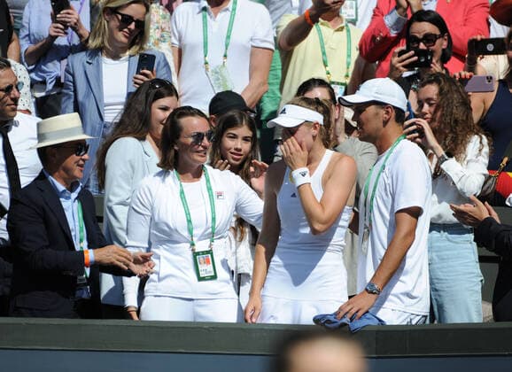 Tennis Championships - Week Two - Day Thirteen - All England Lawn Tennis Club, Wimbledon - Saturday 9th July 2022 Ladies Singles Final. Elena Rybakina (KAZ) v Ons Jabeur (TUN) Elena Rybakina (KAZ) breaks down in tears as she goes up into the players box to see her coaching team 