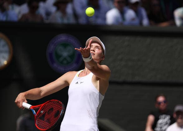 9th July 2022, All England Lawn Tennis and Croquet Club, London, England; Wimbledon Tennis tournament; Elena Rybakina (KAZ) serves to Ons Jabeur (TUN)  ActionPlus12406754 JohnxPatrickxFletcher