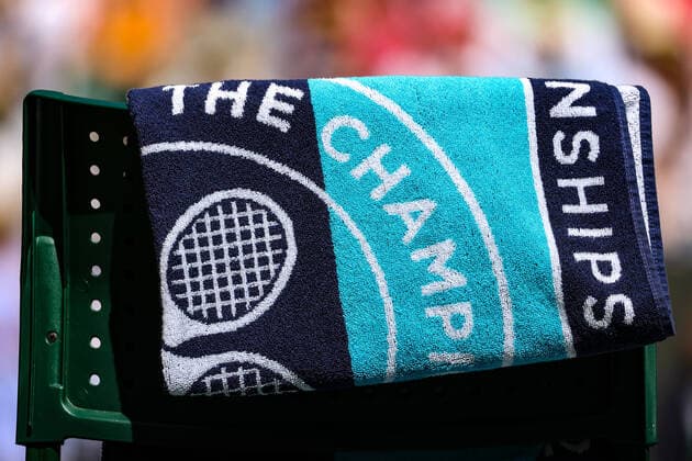 9th July 2022, All England Lawn Tennis and Croquet Club, London, England; Wimbledon Tennis tournament; The Wimbledon Championship 2022 towel on the seat of Elena Rybakina (KAZ)  ActionPlus12406760 JohnxPatrickxFletcher