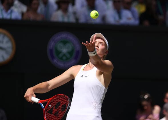 9th July 2022, All England Lawn Tennis and Croquet Club, London, England; Wimbledon Tennis tournament; Elena Rybakina (KAZ) serves to Ons Jabeur (TUN)  ActionPlus12406769 JohnxPatrickxFletcher