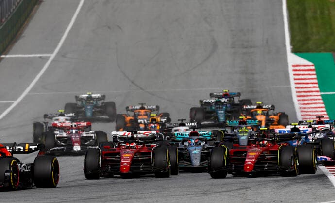 Start, Sprint Qualifying, 16 Charles Leclerc MCO, Scuderia Ferrari , 55 Carlos Sainz ESP, Scuderia Ferrari , F1 Grand Prix of Austria at Red Bull Ring on July 9, 2022 in Spielberg, Austria Photo by HOCH ZWEI Spielberg Austria