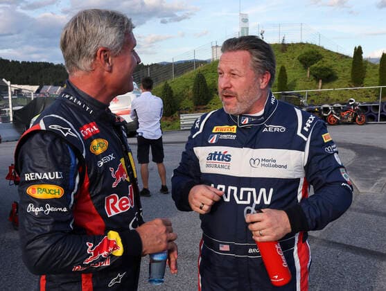 FORMULA 1 - GP of Austria 2022 SPIELBERG,AUSTRIA,09.JUL.22 - MOTORSPORTS, FORMULA 1 - Grand Prix of Austria, Red Bull Ring, Red Bull Legends Parade warm-up. Image shows Zak Brown and consultant David Coulthard (Red Bull Racing).  GEPAxpictures xWolfgangxGrebien
