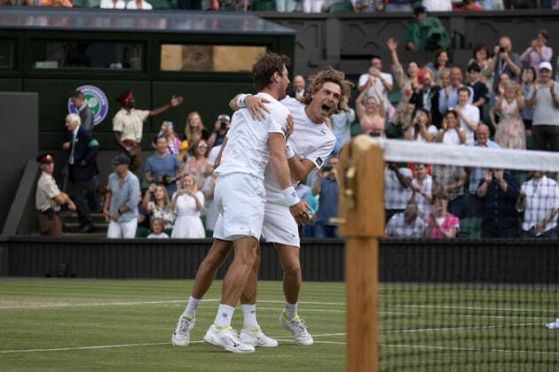9th July 2022, All England Lawn Tennis and Croquet Club, London, England; Wimbledon Tennis tournament; Matthew Ebden (AUS) and Max Purcell (AUS) both jump in the air to celebrate winning the Gentlemen& x2019;s Doubles Final against Nikola Mektic (CRO) and Mate Pavic (CRO)  ActionPlus12407028 JohnxPatrickxFletcher