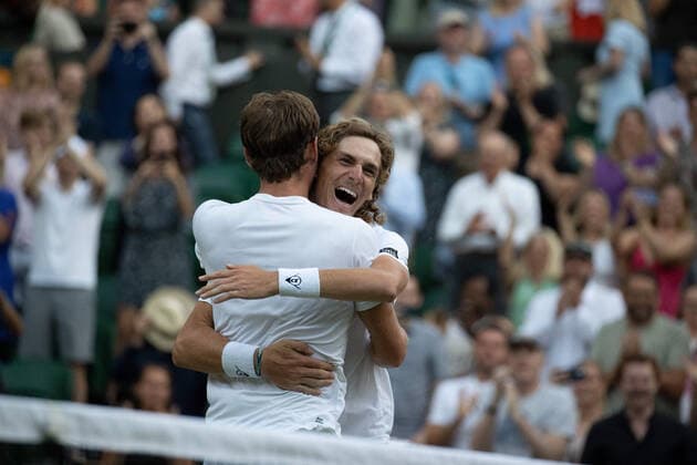 9th July 2022, All England Lawn Tennis and Croquet Club, London, England; Wimbledon Tennis tournament; Matthew Ebden (AUS) and Max Purcell (AUS) celebrate winning the Gentlemen& x2019;s Doubles Final against Nikola Mektic (CRO) and Mate Pavic (CRO)  ActionPlus12407031 JohnxPatrickxFletcher