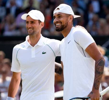 Mandatory Credit: Photo by Ella Ling Shutterstock (13018059e) Novak Djokovic and Nick Kyrgios ahead of the Men s Singles Final Wimbledon Tennis Championships, Day 14, The All England Lawn Tennis and Croquet Club, London, UK - 10 Jul 2022 Wimbledon Tennis Championships, Day 14, The All England Lawn Tennis and Croquet Club, London, UK - 10 Jul 2022  Copyright: xEllaxLing Shutterstockx 13018059e