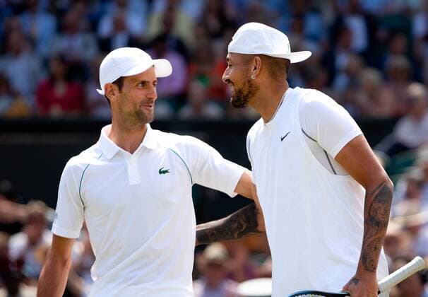 Mandatory Credit: Photo by Ella Ling Shutterstock (13018059f) Novak Djokovic and Nick Kyrgios ahead of the Men s Singles Final Wimbledon Tennis Championships, Day 14, The All England Lawn Tennis and Croquet Club, London, UK - 10 Jul 2022 Wimbledon Tennis Championships, Day 14, The All England Lawn Tennis and Croquet Club, London, UK - 10 Jul 2022  Copyright: xEllaxLing Shutterstockx 13018059f