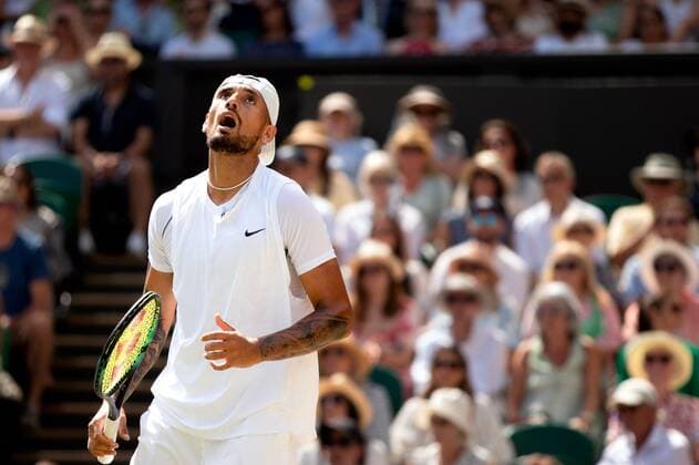Mandatory Credit: Photo by Ella Ling Shutterstock (13018059w) Nick Kyrgios reacts during the Men s Singles Final Wimbledon Tennis Championships, Day 14, The All England Lawn Tennis and Croquet Club, London, UK - 10 Jul 2022 Wimbledon Tennis Championships, Day 14, The All England Lawn Tennis and Croquet Club, London, UK - 10 Jul 2022  Copyright: xEllaxLing Shutterstockx 13018059w