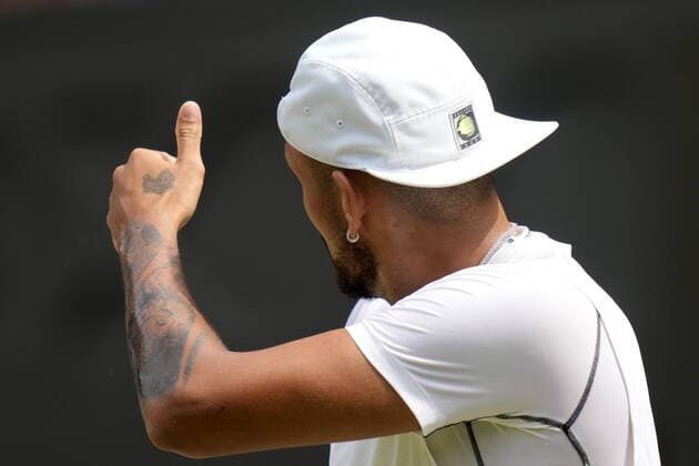 Mandatory Credit: Photo by Dave Shopland Shutterstock (13018058cc) Nick Kyrgios gives a sarcastic thumbs-up to his players box during the Men s Singles Final Wimbledon Tennis Championships, Day 14, The All England Lawn Tennis and Croquet Club, London, UK - 10 Jul 2022 Wimbledon Tennis Championships, Day 14, The All England Lawn Tennis and Croquet Club, London, UK - 10 Jul 2022  Copyright: xDavexShopland Shutterstockx 13018058cc