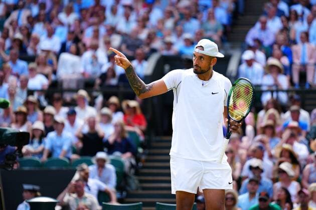 Mandatory Credit: Photo by Javier Garcia Shutterstock (13018062bz) Nick Kyrgios gives a thumbs-up to his players box during the Men s Singles Final Wimbledon Tennis Championships, Day 14, The All England Lawn Tennis and Croquet Club, London, UK - 10 Jul 2022 Wimbledon Tennis Championships, Day 14, The All England Lawn Tennis and Croquet Club, London, UK - 10 Jul 2022  Copyright: xJavierxGarcia Shutterstockx 13018062bz