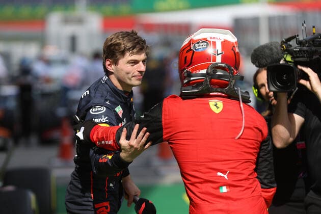 FORMULA 1 - GP of Austria 2022 SPIELBERG,AUSTRIA,10.JUL.22 - MOTORSPORTS, FORMULA 1 - Grand Prix of Austria, Red Bull Ring. Image shows Max Verstappen (NED Red Bull Racing) and Charles Leclerc (Ferrari).  GEPAxpictures xChristianxWalgram