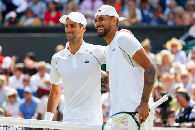 Novak Djokovic SRB and Nick Kyrgios AUS stand at the net before the start of play Tennis Wimbledon 2021 Grand Slam ITF ATP WTA AELTC London Great Britain 10 July 2022 Copyright: xJuergenxHasenkopfx