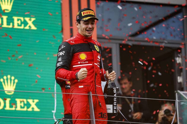 LECLERC Charles (mco), Scuderia Ferrari F1-75, portrait celebration victory podium during the Formula 1 Rolex Grosser Preis Von Osterreich 2022, 2022 Austrian Grand Prix, 11th round of the 2022 FIA Formula One World Championship, WM, Weltmeisterschaft from July 8 to 10, 2022 on the Red Bull Ring, in Spielberg, Austria - F1 - AUSTRIAN GRAND PRIX 2022 - RACE DPPI Panoramic  00122027__R3_4487