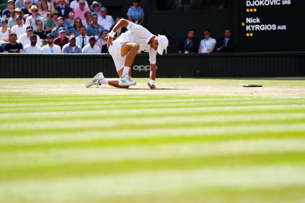 Mandatory Credit: Photo by Javier Garcia Shutterstock (13018062dk) Novak Djokovic takes a tumble during the Men s Singles Final Wimbledon Tennis Championships, Day 14, The All England Lawn Tennis and Croquet Club, London, UK - 10 Jul 2022 Wimbledon Tennis Championships, Day 14, The All England Lawn Tennis and Croquet Club, London, UK - 10 Jul 2022  Copyright: xJavierxGarcia Shutterstockx 13018062dk