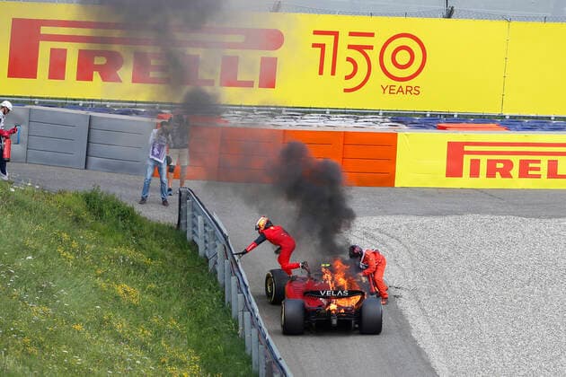 Car of 55 Carlos Sainz ESP, Scuderia Ferrari on fire, F1 Grand Prix of Austria at Red Bull Ring on July 10, 2022 in Spielberg, Austria Photo by HOCH ZWEI Spielberg Austria