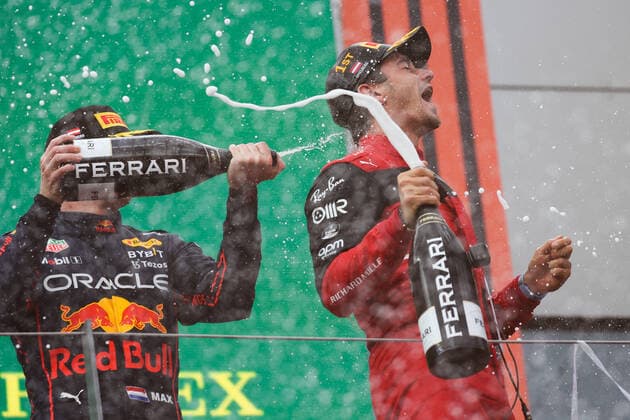 F1 Austrian Grand Prix Max Verstappen of Red Bull Racing and Charles Leclerc of Ferrari at the podium of the Formula 1 Austrian Grand Prix at Red Bull Ring in Spielberg, Austria on July 10, 2022. Spielberg Austria  Copyright: xJakubxPorzyckix originalFilename:porzycki-f1austri220710_npJt7.jpg