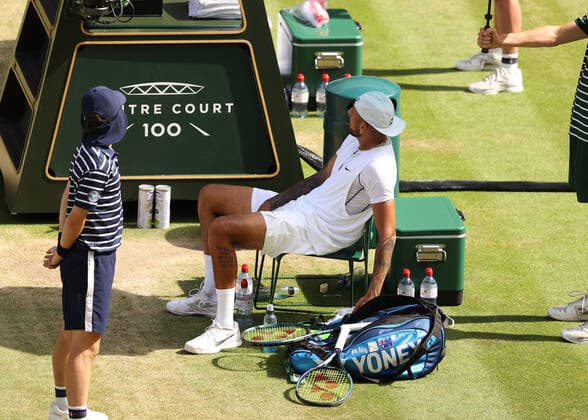 10th July 2022, All England Lawn Tennis and Croquet Club, London, England; Wimbledon Tennis tournament, mens singles final; Nick Kyrgios (AUS) complaining to his coaches from his seat between games  ActionPlus12407222 JohnxPatrickxFletcher