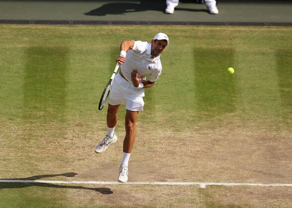 10th July 2022, All England Lawn Tennis and Croquet Club, London, England; Wimbledon Tennis tournament, mens singles final; Novak Djokovic (SRB) serves to Novak Djokovic (SRB)  ActionPlus12407225 JohnxPatrickxFletcher