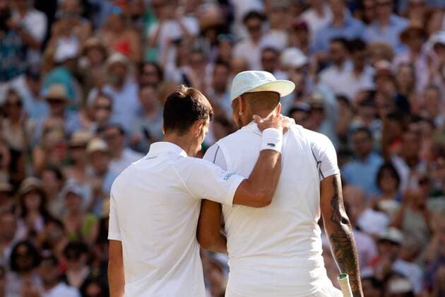 Mandatory Credit: Photo by Ella Ling Shutterstock (13018059ei) Novak Djokovic and Nick Kyrgios after the Men s Singles Final Wimbledon Tennis Championships, Day 14, The All England Lawn Tennis and Croquet Club, London, UK - 10 Jul 2022 Wimbledon Tennis Championships, Day 14, The All England Lawn Tennis and Croquet Club, London, UK - 10 Jul 2022  Copyright: xEllaxLing Shutterstockx 13018059ei