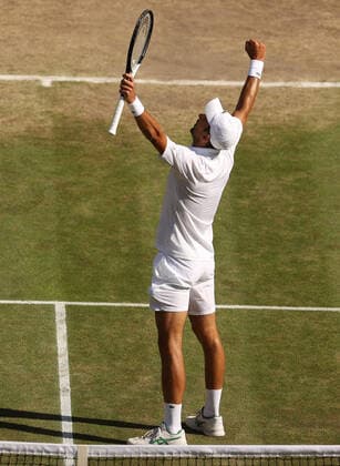 10th July 2022, All England Lawn Tennis and Croquet Club, London, England; Wimbledon Tennis tournament, mens singles final; Novak Djokovic (SRB) celebrates towards his coaches &amp; family after defeating Nick Kyrgios (AUS) in the final  ActionPlus12407293 JohnxPatrickxFletcher