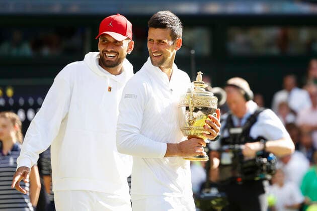 Champion Novak Djokovic SRB and finalist Nick Kyrgios AUS , Award Ceremony, Presentation Tennis Wimbledon 2022 Grand Slam ITF ATP WTA AELTC London Great Britain 10 July 2022 Copyright: xJuergenxHasenkopfx