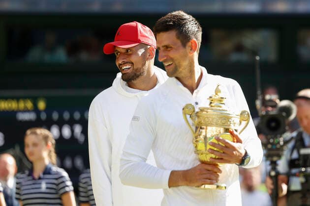 Champion Novak Djokovic SRB and finalist Nick Kyrgios AUS , Award Ceremony, Presentation Tennis Wimbledon 2022 Grand Slam ITF ATP WTA AELTC London Great Britain 10 July 2022 Copyright: xJuergenxHasenkopfx