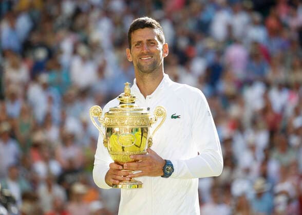 Novak Djokovic SRB with the cup, trophy, award ceremony, presentation Tennis Wimbledon 2022 Grand Slam ITF ATP WTA AELTC London Great Britain 10 July 2022 Copyright: xJuergenxHasenkopfx