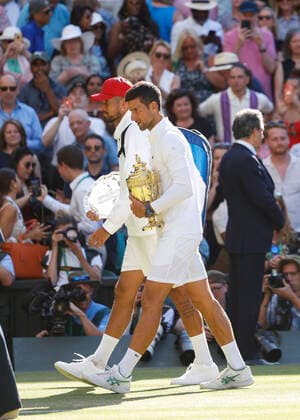 Champion Novak Djokovic SRB and finalist Nick Kyrgios AUS leave the court, award ceremony, presentation Tennis Wimbledon 2022 Grand Slam ITF ATP WTA AELTC London Great Britain 10 July 2022 Copyright: xJuergenxHasenkopfx