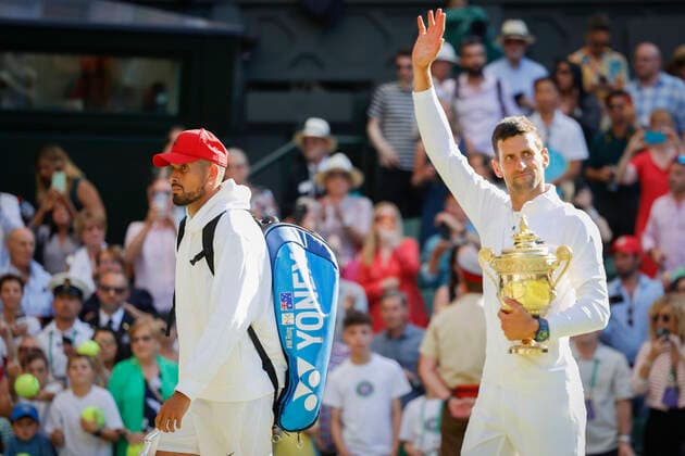 Champion Novak Djokovic SRB and finalist Nick Kyrgios AUS leave the court, award ceremony, presentation Tennis Wimbledon 2022 Grand Slam ITF ATP WTA AELTC London Great Britain 10 July 2022 Copyright: xJuergenxHasenkopfx