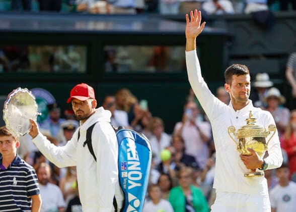 Champion Novak Djokovic SRB and finalist Nick Kyrgios AUS leave the court, award ceremony, presentation Tennis Wimbledon 2022 Grand Slam ITF ATP WTA AELTC London Great Britain 10 July 2022 Copyright: xJuergenxHasenkopfx
