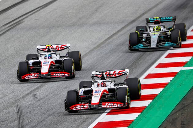 20 Kevin Magnussen DNK, Haas F1 Team , 47 Mick Schumacher DEU, Haas F1 Team , 44 Lewis Hamilton GBR, Mercedes AMG Petronas F1 Team , F1 Grand Prix of Austria at Red Bull Ring on July 10, 2022 in Spielberg, Austria Photo by HOCH ZWEI Spielberg Austria