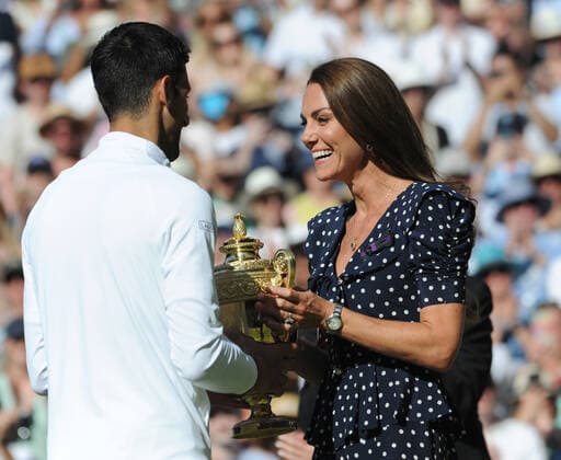 Tennis Championships - Week Two - Day Fourteen - All England Lawn Tennis Club, Wimbledon - Sunday 10th July 2022 Mens Singles Final. Novak Djokovic v Nick Kyrgios HRH The Duchess of Cambridge (Cate) and Patron of The All England Lawn Tennis Club presents the trophy to Novak Djokovic 