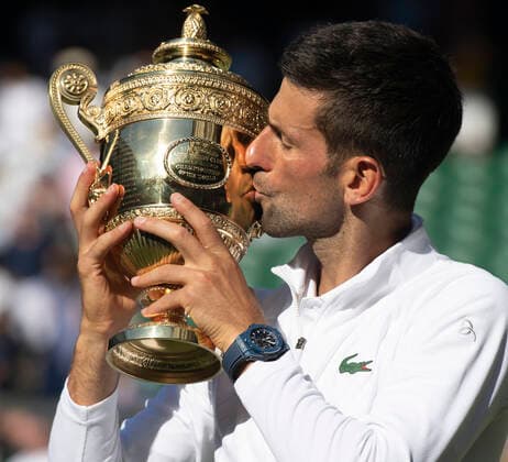 Novak Djokovic (SRB) kisses the Gentleman?s Singles Trophy after defeating Nick Kyrgios (AUS) in the Mens Final Match on Centre Court on Day 14 of The Championships Wimbledon 2022 at All England Lawn Tennis and Croquet Club on July 10, 2022 in London, England.  Copyright: xx
