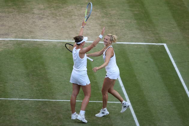 10 July 2022, All England Lawn Tennis and Croquet Club, London, England; Wimbledon Tennis tournament, womens doubles final; Barbora Krejcikova (CZE) and Katerina Siniakova (CZE) celebrate winning the Ladies Doubles Final against Elise Mertens (BEL) and Shuai Zhang (CHN)  ActionPlus12407339 JohnxPatrickxFletcher