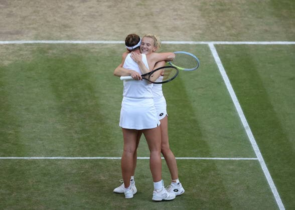 10 July 2022, All England Lawn Tennis and Croquet Club, London, England; Wimbledon Tennis tournament, womens doubles final; Barbora Krejcikova (CZE) and Katerina Siniakova (CZE) celebrate winning the Ladies Doubles Final against Elise Mertens (BEL) and Shuai Zhang (CHN)  ActionPlus12407341 JohnxPatrickxFletcher