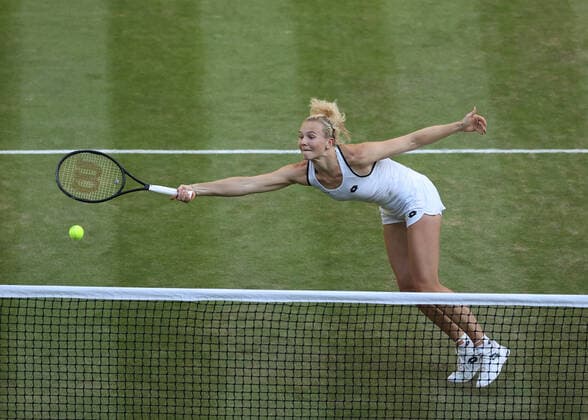 10th July 2022, All England Lawn Tennis and Croquet Club, London, England; Wimbledon Tennis tournament, womens doubles final; Katerina Siniakova (CZE) plays a forehand to Elise Mertens (BEL)  ActionPlus12407387 JohnxPatrickxFletcher