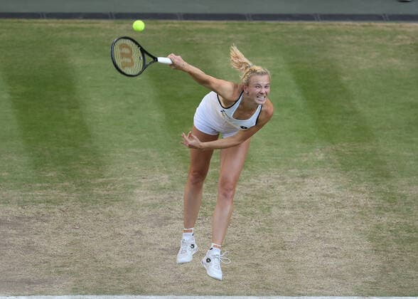10th July 2022, All England Lawn Tennis and Croquet Club, London, England; Wimbledon Tennis tournament, womens doubles final; Katerina Siniakova (CZE) serves to Elise Mertens (BEL)  ActionPlus12407389 JohnxPatrickxFletcher