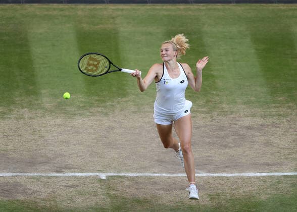10th July 2022, All England Lawn Tennis and Croquet Club, London, England; Wimbledon Tennis tournament, womens doubles final; Katerina Siniakova (CZE) plays a forehand to Shuai Zhang (CHN)  ActionPlus12407390 JohnxPatrickxFletcher