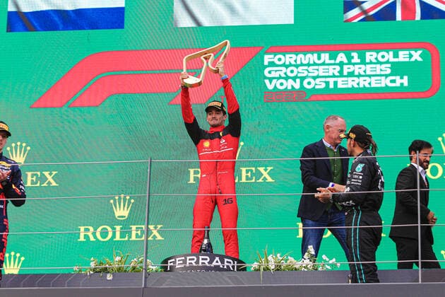 Podium of the F1 Austrian GP 2022 - Charles Leclerc (MON) Ferrari F1-75; Max Verstappen (NED) Redbull Racing RB18: Lewis Hamilton (GBR) Mercedes W13 E Performance during 2022 Austrian Grand Prix - Race, Formula 1 Championship in Spielberg, Austria, July 10 2022  Copyright: xAlessioxDexMarcox xipa-agency.nex xx 0