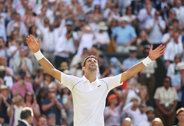 (220711) -- LONDON, July 11, 2022 -- Novak Djokovic celebrates after winning the men s singles final match between Novak Djokovic of Serbia and Nick Kyrgios of Australia at Wimbledon Tennis Championship in London, Britain, on July 10, 2022. ) (SP)BRITAIN-LONDON-TENNIS-WIMBLEDON-MEN S SINGLES-FINAL LixYing 